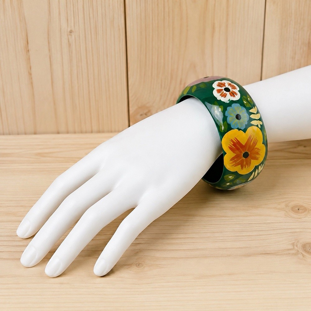 Fantasia Green Multicolor Hand-Painted Floral Plastic Bangle Bracelet[JB2]